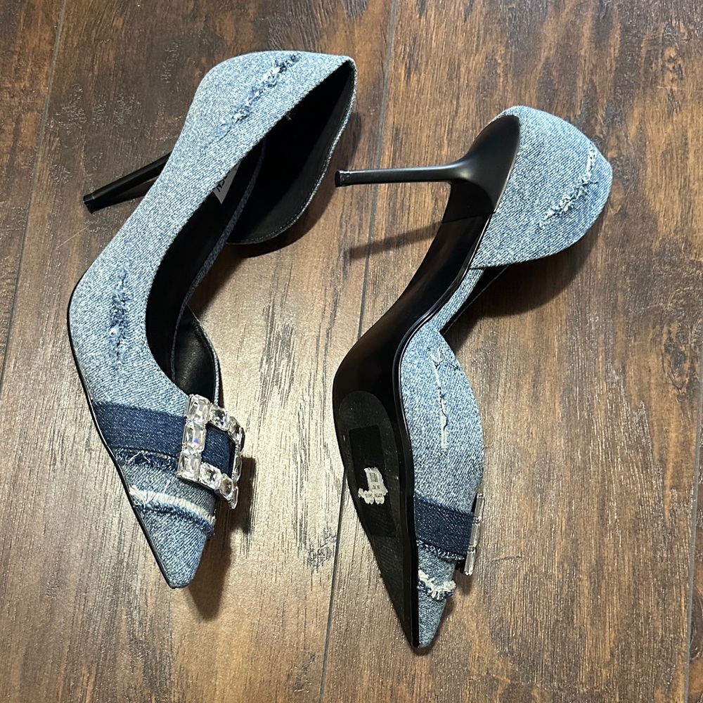 Steve Madden Distressed Denim Stiletto Heels with Crystal Buckle 11 - Picture 4 of 8
